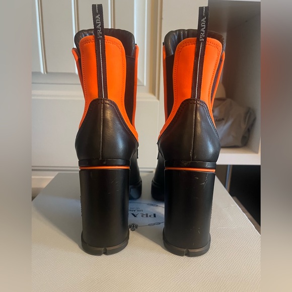 Prada Black/Orange Leather & Neoprene Lace Up Ankle Boots - Picture 3 of 10